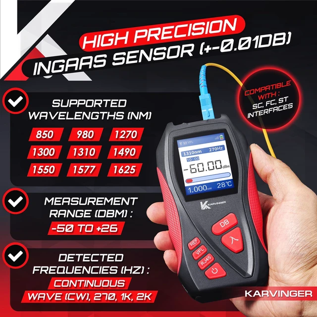 Alt view image 3 of 6 - Karvinger Optical Power Meter 4-in-1 Fiber Optic Tool with VFL, RJ45 Tester & LED Light Rechargeable Fiber Light Meter for 8001700nm Signal Testing Network Maintenance Device