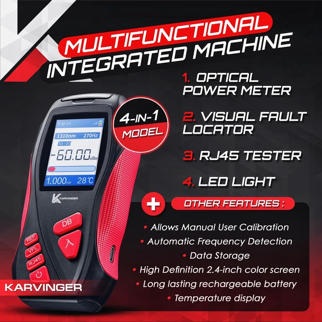 Alt view image 2 of 6 - Karvinger Optical Power Meter 4-in-1 Fiber Optic Tool with VFL, RJ45 Tester & LED Light Rechargeable Fiber Light Meter for 8001700nm Signal Testing Network Maintenance Device