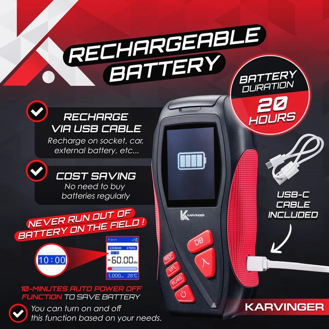 Alt view image 5 of 6 - Karvinger Optical Power Meter 4-in-1 Fiber Optic Tool with VFL, RJ45 Tester & LED Light Rechargeable Fiber Light Meter for 8001700nm Signal Testing Network Maintenance Device