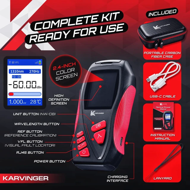 Alt view image 4 of 6 - Karvinger Optical Power Meter 4-in-1 Fiber Optic Tool with VFL, RJ45 Tester & LED Light Rechargeable Fiber Light Meter for 8001700nm Signal Testing Network Maintenance Device