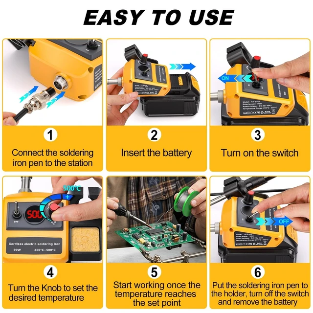 Alt view image 6 of 7 - GRVODFRTA Cordless Soldering Iron Station Compatible with Dewalt 20V | 90W Digital Display Soldering Station with Solder Tips Kit, Wire, 200-500 Adjustable for electronics repair