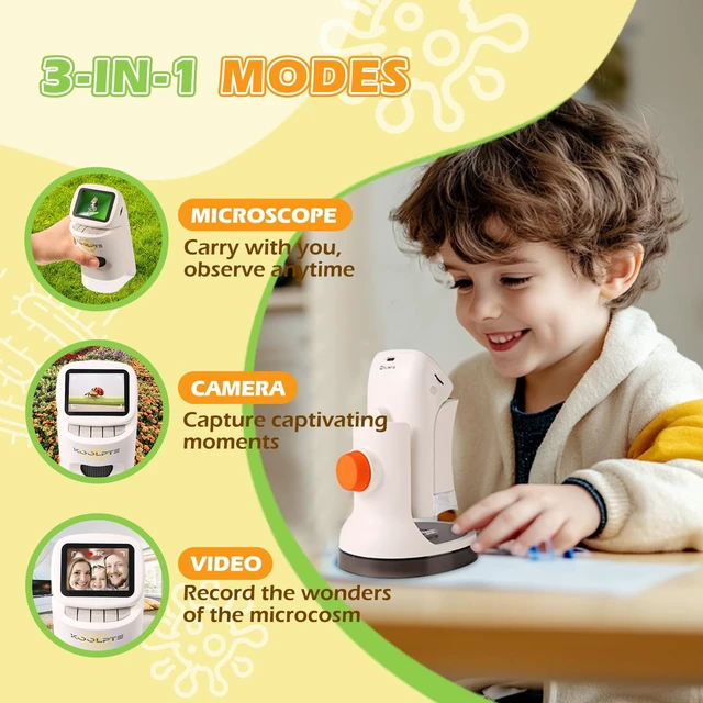 Alt view image 2 of 7 - Handheld Digital Microscope for Kids, 1000X, 2.1'' HD LCD Screen | STEM learning toy for ages 8-12; 6 LED lights, slides, 32GB card, photo/video capture, and a gift for boys and girls.