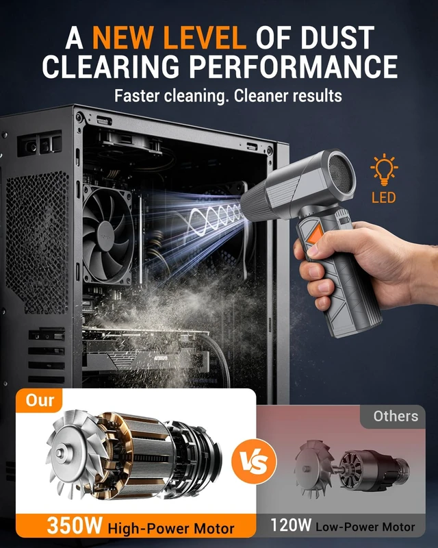 Alt view image 2 of 7 - Compressed Air Duster, 350W Cordless Electric Air Blower, Rechargeable Mini | 40 mm High power Brushless Motor, 10000mAh, 180,000 RPM, 18W Fast Charge, Cordless for PC, Keyboard, Car, Home & Outdoors