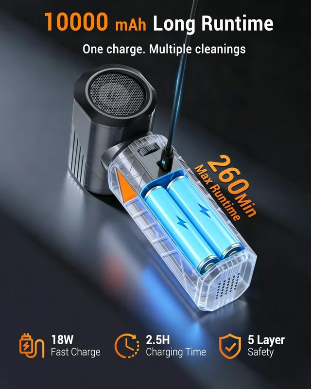 Alt view image 4 of 7 - Compressed Air Duster, 350W Cordless Electric Air Blower, Rechargeable Mini | 40 mm High power Brushless Motor, 10000mAh, 180,000 RPM, 18W Fast Charge, Cordless for PC, Keyboard, Car, Home & Outdoors