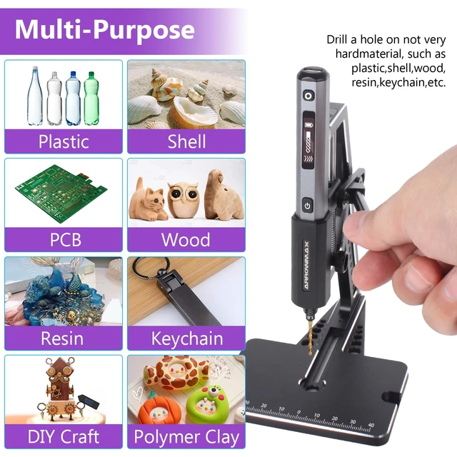 Alt view image 2 of 6 - AM ARROWMAX 5-Speed Mini Electric Drill Pen with Benchtop Press, 10 Small Bits with Aluminium Box, LED Lights, OLED Display, Resin Drill Set For Jewelry Making, Plastic, Wood