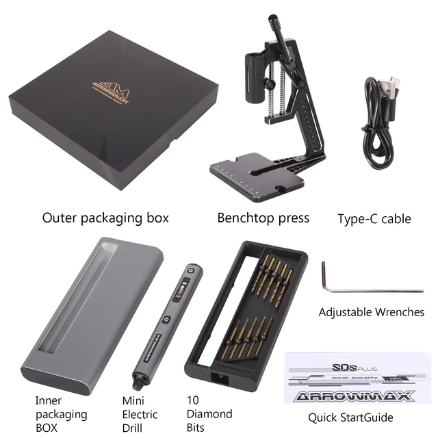 Alt view image 6 of 6 - AM ARROWMAX 5-Speed Mini Electric Drill Pen with Benchtop Press, 10 Small Bits with Aluminium Box, LED Lights, OLED Display, Resin Drill Set For Jewelry Making, Plastic, Wood