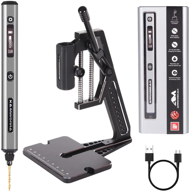 Main image of AM ARROWMAX 5-Speed Mini Electric Drill Pen with Benchtop Press, 10 Small Bits with Aluminium Box, LED Lights, OLED Display, Resin Drill Set For Jewelry Making, Plastic, Wood