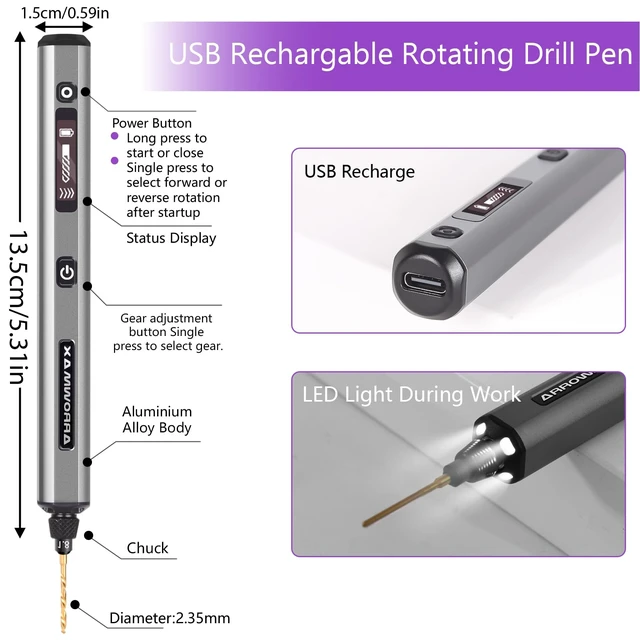 Alt view image 4 of 6 - AM ARROWMAX 5-Speed Mini Electric Drill Pen with Benchtop Press, 10 Small Bits with Aluminium Box, LED Lights, OLED Display, Resin Drill Set For Jewelry Making, Plastic, Wood