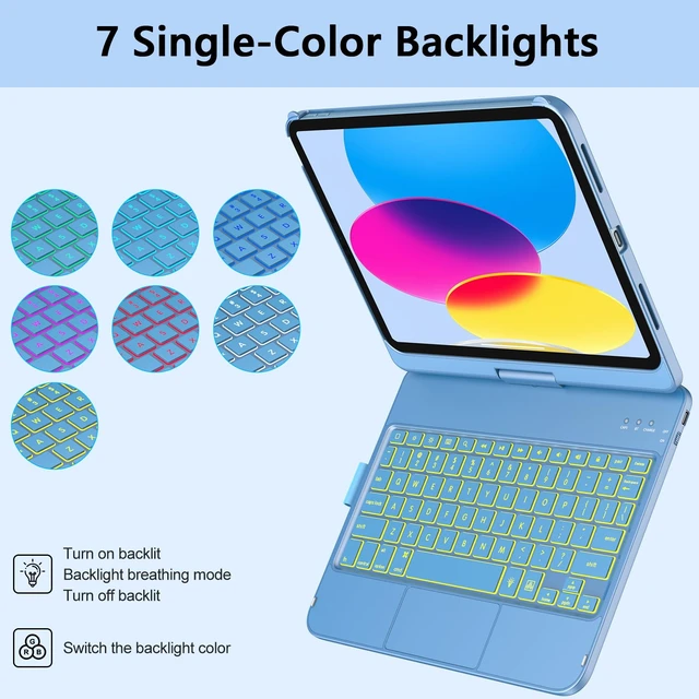 Alt view image 3 of 7 - aMZCaSE Touch Keyboard Case for iPad A16 11th/10th Gen, 360° Rotating | Multi-Touch Touchpad, 7-Color Backlit, Pencil Holder, Fits iPad A16 11 (2025) & 10th Gen 10.9 (2022), Ocean Blue
