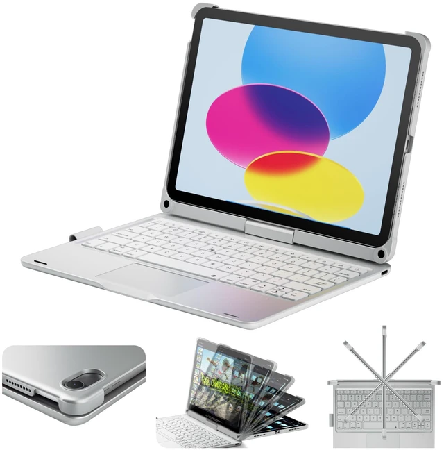 Main image of doqo iPad A16 11th/10th Gen Case with Keyboard & Trackpad,360° Rotating | Laptop-Style Typing,Multi-Touch,Backlit Keyboard,Swivel,For iPad A16 11 (2025) & 10th Gen 10.9 (2022),Silver,Pencil Holder