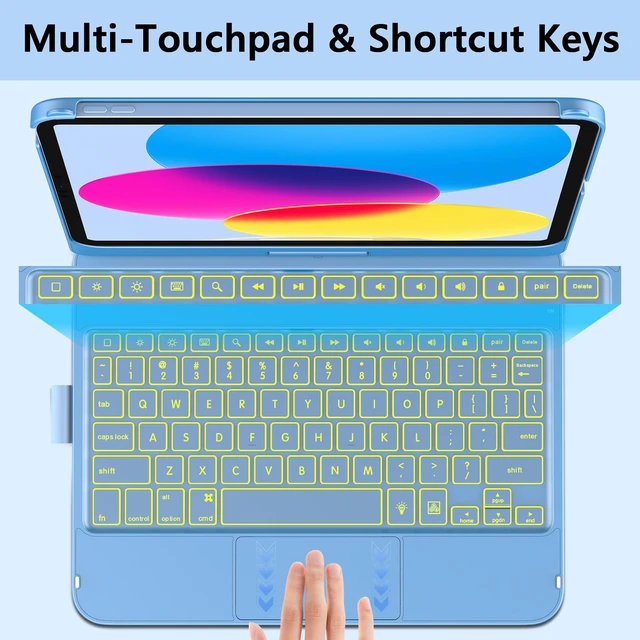 Alt view image 4 of 7 - aMZCaSE Touch Keyboard Case for iPad A16 11th/10th Gen, 360° Rotating | Multi-Touch Touchpad, 7-Color Backlit, Pencil Holder, Fits iPad A16 11 (2025) & 10th Gen 10.9 (2022), Ocean Blue