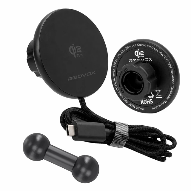 Main image of Qi2.2 25W Magnetic Wireless Car Charger for iPhone, 17mm Ball Head | Thickened dual-ring magnets, aluminum-alloy housing, integrated 1.5 m braided USB-C cable, and 2 included magnetic rings
