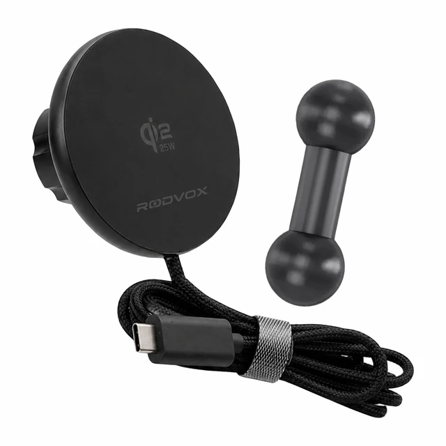 Alt view image 2 of 7 - Qi2.2 25W Magnetic Wireless Car Charger for iPhone, 17mm Ball Head | Thickened dual-ring magnets, aluminum-alloy housing, integrated 1.5 m braided USB-C cable, and 2 included magnetic rings