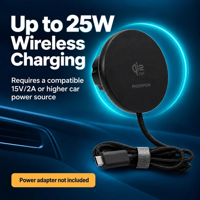Alt view image 4 of 7 - Qi2.2 25W Magnetic Wireless Car Charger for iPhone, 17mm Ball Head | Thickened dual-ring magnets, aluminum-alloy housing, integrated 1.5 m braided USB-C cable, and 2 included magnetic rings