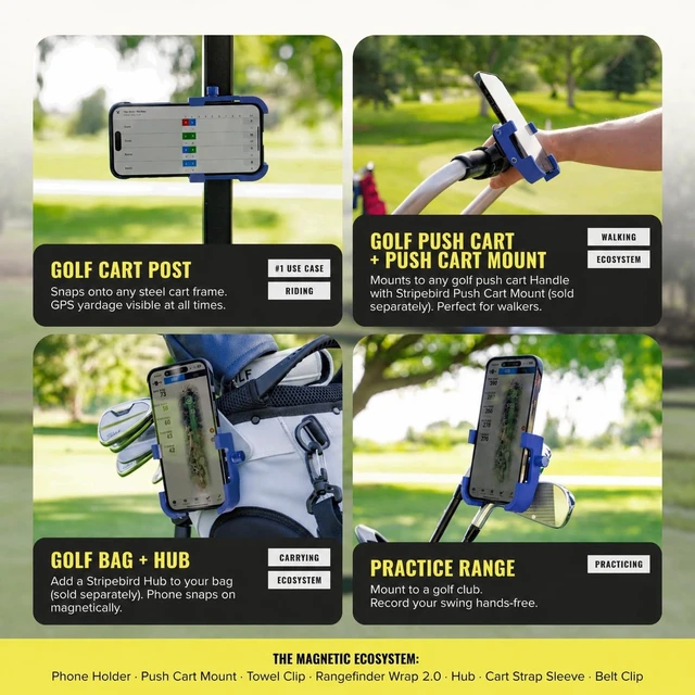 Alt view image 4 of 6 - Stripebird PRO Magnetic Golf Cart Phone Holder & Caddy, N52 Magnets (Blue) | Magnetic phone holder for golf cart, golf phone holder for iPhone and Samsung, no tools needed, N52 magnets, swing video