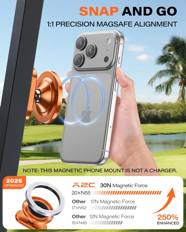 Alt view image 5 of 7 - A2C Orange Alloy Magnetic Golf Cart Phone Holder Mount, Golf Accessories | Golf Gifts for Men Dad Father Husband Women Golfers, Golf Accessories Essentials Gadgets Gear Stuff Fits EZGO Club Car Yamaha