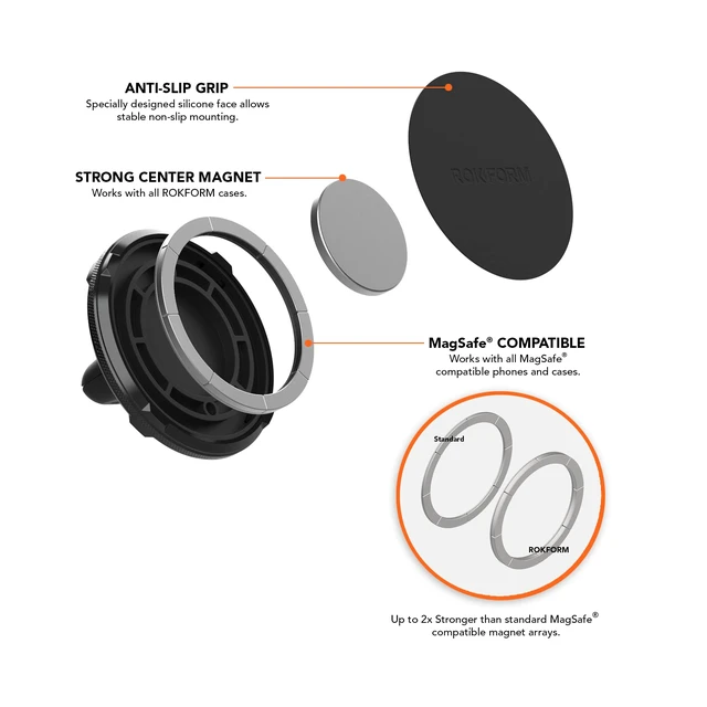 Alt view image 4 of 7 - Rokform Dual Magnet Vent Phone Mount, Super Grip Clip (Black) | Compatible with Mag Safe Cases, Magnetic, Aluminum & Silicone, Fits Most Air Vent Slats