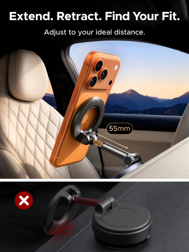 Alt view image 4 of 7 - UGREEN Upgraded MagSafe Car Mount, Strongest Magnet Power, 30*N52 Magnets | Foldable Car Phone Holder, 35-55mm Telescopic Arm, 360° Rotatable, Dual-Chamber Press Vacuum Suction Cup for iphone 18 17 16
