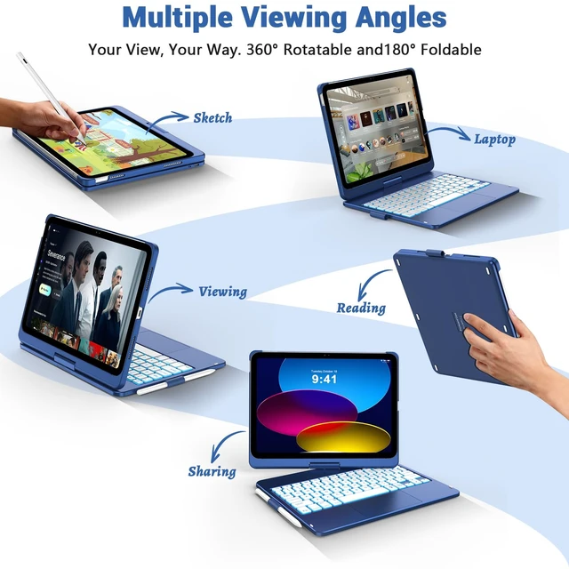 Alt view image 3 of 7 - Large Touchpad Keyboard Case for iPad A16 11th/10.9 10th Gen, 360° Rotating | Multi-Touch Trackpad, 7-Color Backlight Keyboard Case for iPad A16 11 (2025) & 10th Gen 10.9(2022) with Pencil Holder
