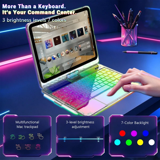 Alt view image 4 of 7 - Large Touchpad Keyboard Case for iPad A16 11th/10.9 10th Gen, 360° Rotating | Multi-Touch Trackpad, 7-Color Backlight Keyboard Case for iPad A16 11 (2025) & 10th Gen 10.9(2022) with Pencil Holder
