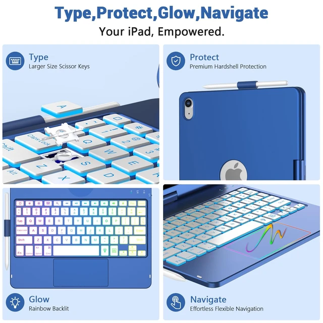 Alt view image 5 of 7 - Large Touchpad Keyboard Case for iPad A16 11th/10.9 10th Gen, 360° Rotating | Multi-Touch Trackpad, 7-Color Backlight Keyboard Case for iPad A16 11 (2025) & 10th Gen 10.9(2022) with Pencil Holder