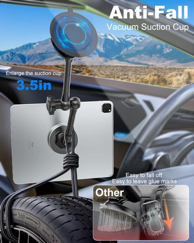 Alt view image 3 of 7 - Kolasels Magnetic Car Tablet Holder with Strong Suction Cup, Anti-Shake Windshield & Dashboard Tablet Mount for Car Truck SUV, Metal Arm iPad Dash Mount for 4-11" iPad Pro Air Mini, Galaxy Tab, iPhone