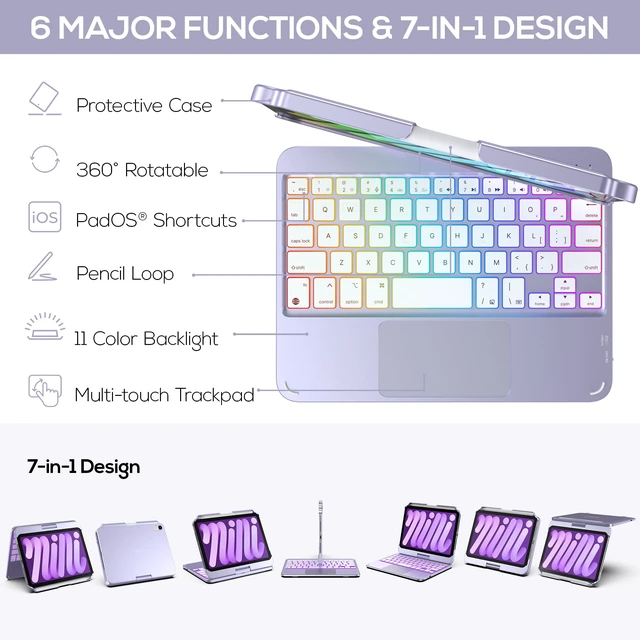 Alt view image 4 of 7 - typecase Keyboard Case for iPad mini 7/6 8.3-inch, Trackpad, 360 Rotating | For mini 7 (A17 pro) & 6 (2021) 8.3", 11Color Backlit, 7 Modes, Pencil Holder, Long Battery, for Work, School, Travel