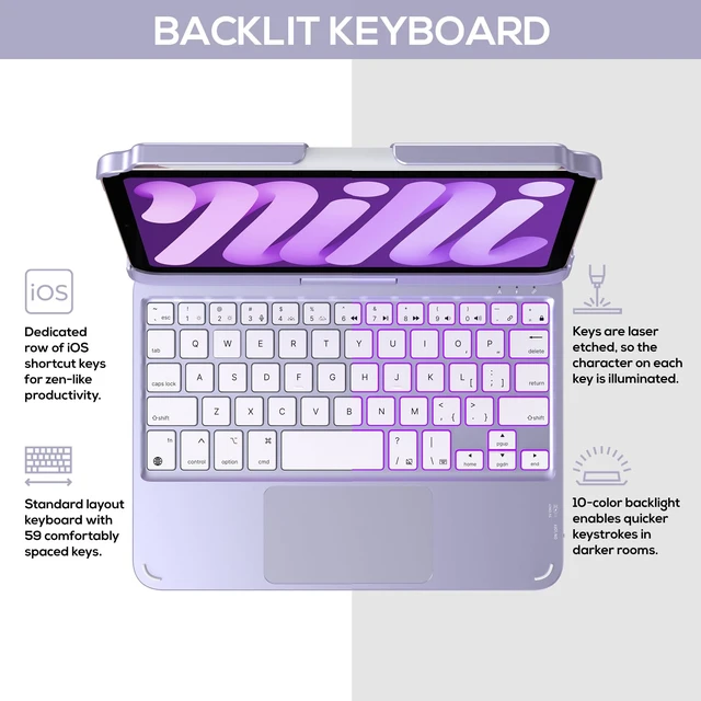 Alt view image 6 of 7 - typecase Keyboard Case for iPad mini 7/6 8.3-inch, Trackpad, 360 Rotating | For mini 7 (A17 pro) & 6 (2021) 8.3", 11Color Backlit, 7 Modes, Pencil Holder, Long Battery, for Work, School, Travel