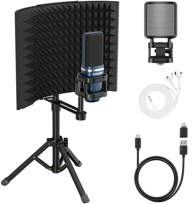 Main image of TONOR Studio Recording Microphone with Isolation Shield Set for Podcast | Acoustic Foam Shield Bundle with Pop Filter & Tripod Stand & Earphone, Condenser PC Mic for Laptop, Smartphone, Home Studio