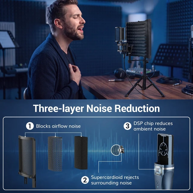 Alt view image 2 of 7 - TONOR Studio Recording Microphone with Isolation Shield Set for Podcast | Acoustic Foam Shield Bundle with Pop Filter & Tripod Stand & Earphone, Condenser PC Mic for Laptop, Smartphone, Home Studio