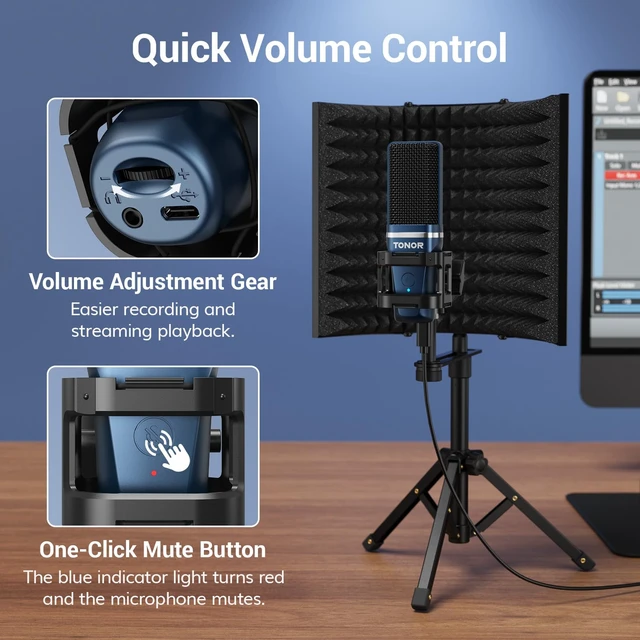 Alt view image 4 of 7 - TONOR Studio Recording Microphone with Isolation Shield Set for Podcast | Acoustic Foam Shield Bundle with Pop Filter & Tripod Stand & Earphone, Condenser PC Mic for Laptop, Smartphone, Home Studio