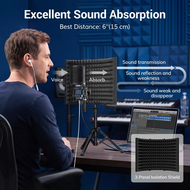 Alt view image 3 of 7 - TONOR Studio Recording Microphone with Isolation Shield Set for Podcast | Acoustic Foam Shield Bundle with Pop Filter & Tripod Stand & Earphone, Condenser PC Mic for Laptop, Smartphone, Home Studio