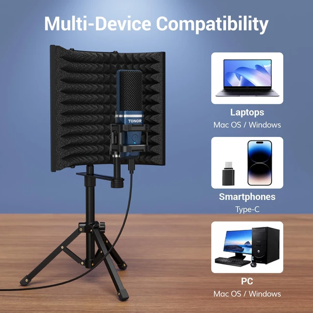 Alt view image 5 of 7 - TONOR Studio Recording Microphone with Isolation Shield Set for Podcast | Acoustic Foam Shield Bundle with Pop Filter & Tripod Stand & Earphone, Condenser PC Mic for Laptop, Smartphone, Home Studio