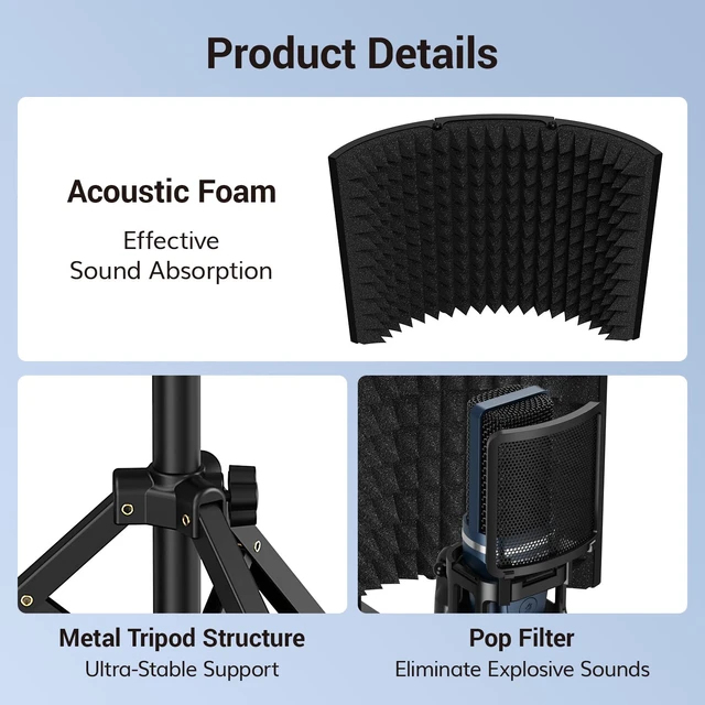 Alt view image 7 of 7 - TONOR Studio Recording Microphone with Isolation Shield Set for Podcast | Acoustic Foam Shield Bundle with Pop Filter & Tripod Stand & Earphone, Condenser PC Mic for Laptop, Smartphone, Home Studio