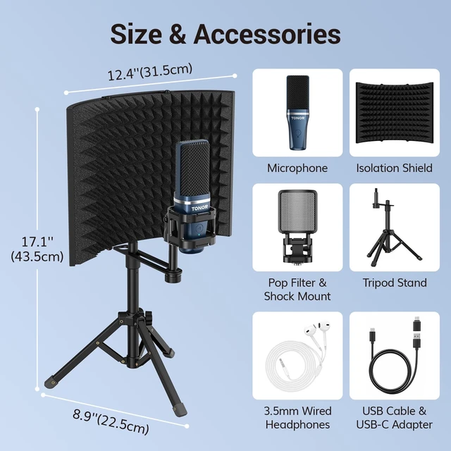 Alt view image 6 of 7 - TONOR Studio Recording Microphone with Isolation Shield Set for Podcast | Acoustic Foam Shield Bundle with Pop Filter & Tripod Stand & Earphone, Condenser PC Mic for Laptop, Smartphone, Home Studio