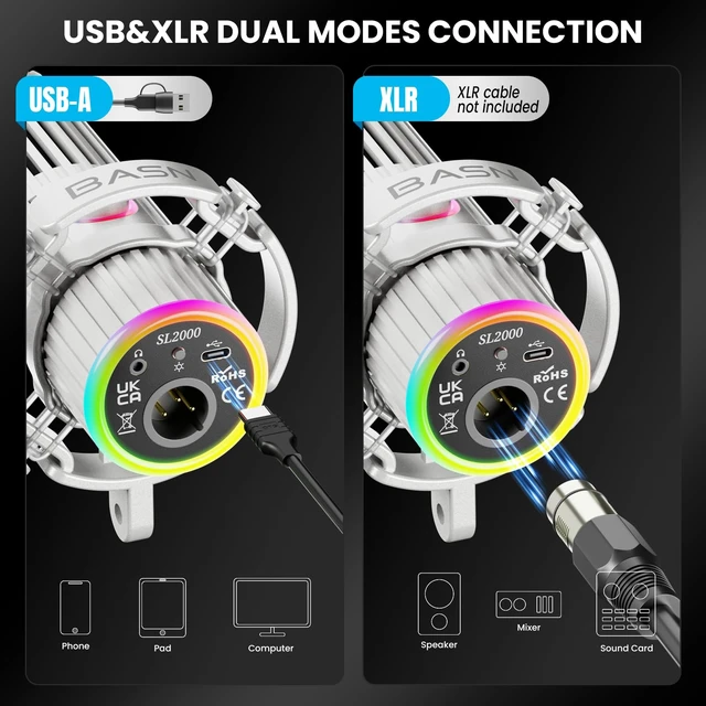 Alt view image 4 of 7 - BASN SL2000 USB/XLR Dynamic Microphone for Podcast,White | Live Streaming, Gaming Recording with RGB Mute Button, Headphone Monitoring and MIC Stand