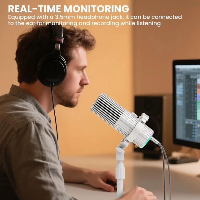 Alt view image 7 of 7 - BASN SL2000 USB/XLR Dynamic Microphone for Podcast,White | Live Streaming, Gaming Recording with RGB Mute Button, Headphone Monitoring and MIC Stand