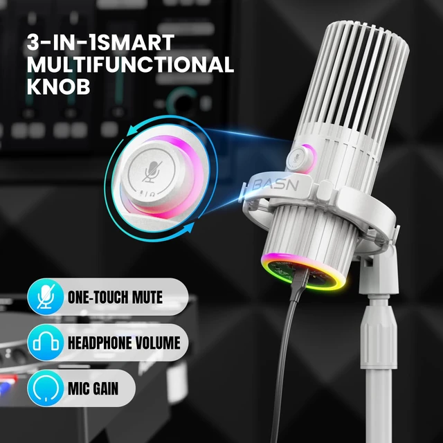 Alt view image 6 of 7 - BASN SL2000 USB/XLR Dynamic Microphone for Podcast,White | Live Streaming, Gaming Recording with RGB Mute Button, Headphone Monitoring and MIC Stand