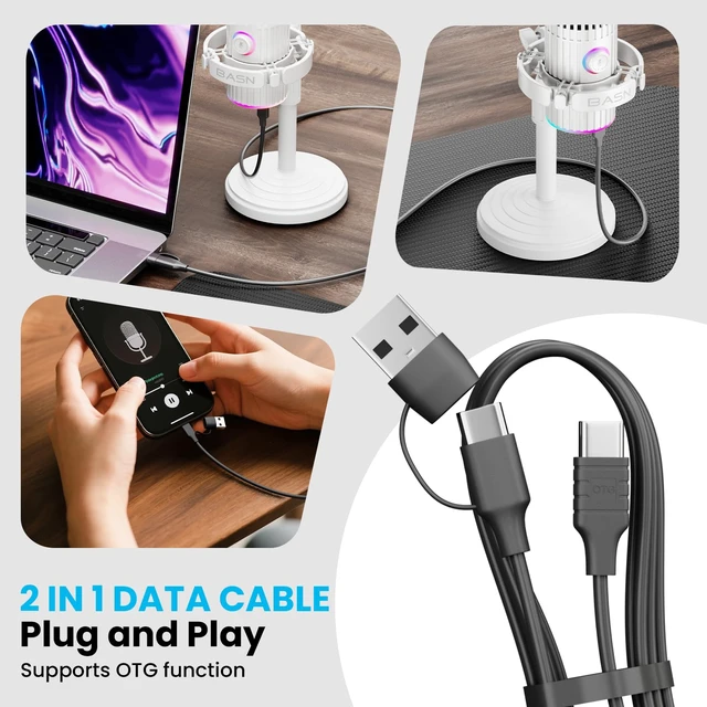 Alt view image 5 of 7 - BASN SL2000 USB/XLR Dynamic Microphone for Podcast,White | Live Streaming, Gaming Recording with RGB Mute Button, Headphone Monitoring and MIC Stand