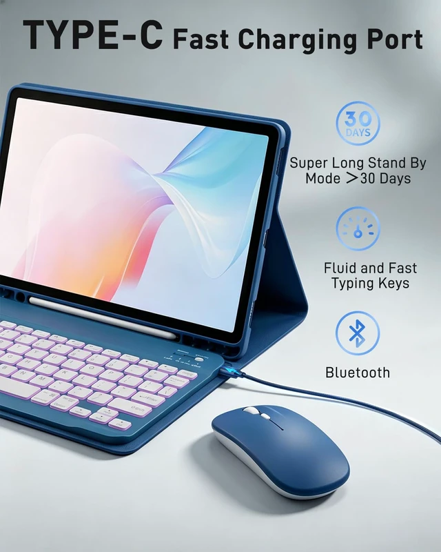 Alt view image 4 of 7 - Case Keyboard for iPad 9th / 8th / 7th Generation & Air 3rd Gen & Pro 10.5 | 10.2-10.5 Inch Cover for 9th/8th/7th Gen, Air 3rd/ Pro 10.5", 7 color Backlit, Built in Pencil Holder with Mouse Blue