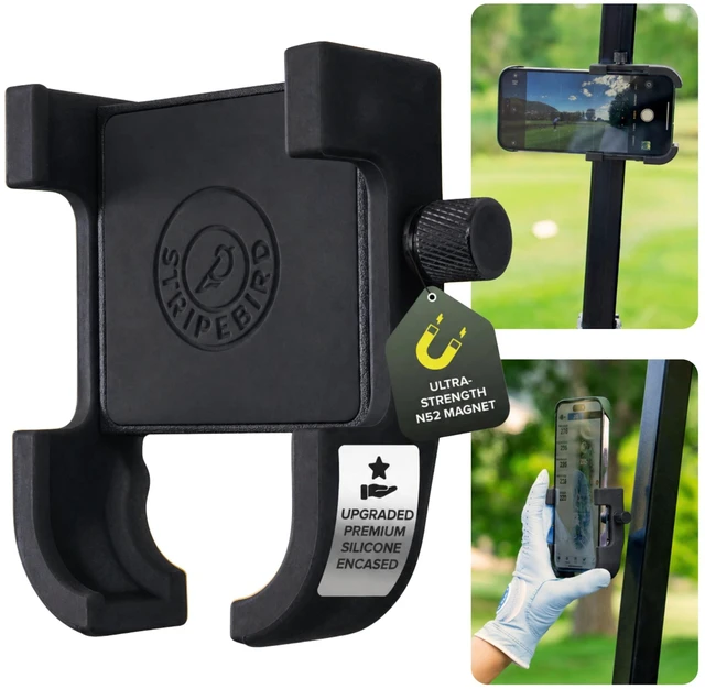 Main image of Stripebird PRO Magnetic Golf Cart Phone Holder & Caddy, N52 Magnets (Black) | Magnetic phone holder for golf cart, golf phone holder for iPhone and Samsung, no tools needed, N52 magnets, swing video