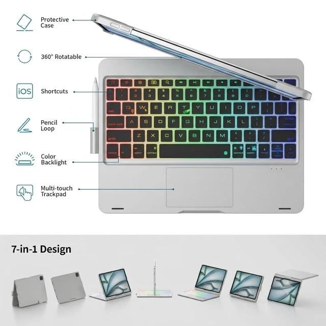 Alt view image 3 of 7 - Mollenmell Keyboard Case for iPad A16 & 10th Gen with Trackpad | 360° Swivel, Three-Color Mixed Backlight, 7 Lighting Modes, 3 Brightness Levels, Integrated Keyboard & Pencil Holder(Silver)