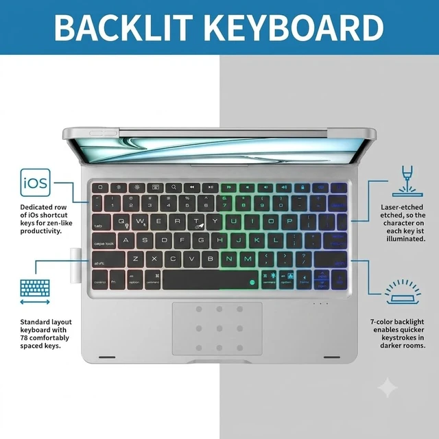 Alt view image 4 of 7 - Mollenmell Keyboard Case for iPad A16 & 10th Gen with Trackpad | 360° Swivel, Three-Color Mixed Backlight, 7 Lighting Modes, 3 Brightness Levels, Integrated Keyboard & Pencil Holder(Silver)