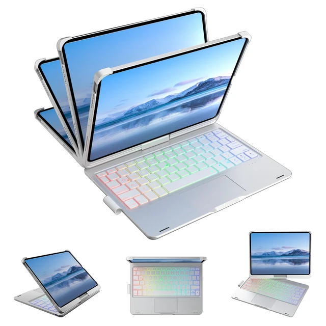 Alt view image 2 of 7 - Mollenmell Keyboard Case for iPad A16 & 10th Gen with Trackpad | 360° Swivel, Three-Color Mixed Backlight, 7 Lighting Modes, 3 Brightness Levels, Integrated Keyboard & Pencil Holder(Silver)