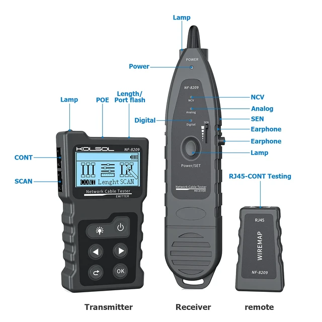 Alt view image 7 of 7 - KOLSOL Network Cable Tester, Ethernet Wire Tracer and PoE Tester | 200 m TDR Length and Fault Location, CAT5/CAT6 Wire Map, Hub Blink, Adjustable Sensitivity, NCV and Work Light