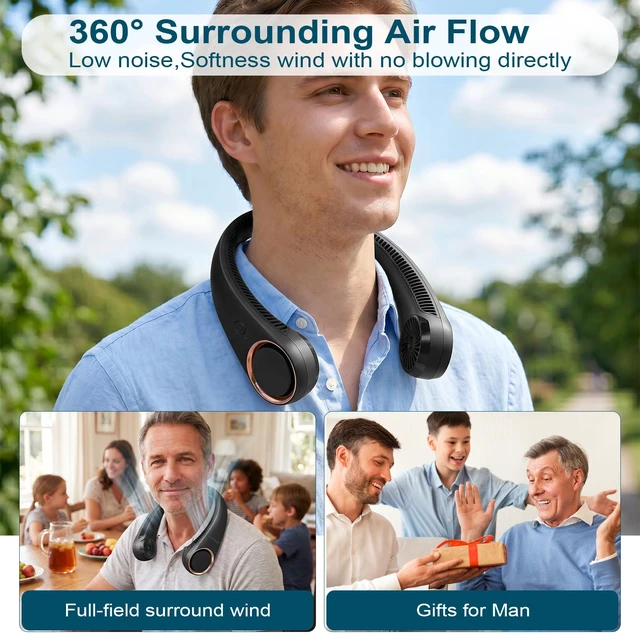 Alt view image 2 of 7 - CIVPOWER Neck Fan: Portable Personal Neck Cooling Rechargeable Bladeless Fan - Hands Free 3 Speed 4000 mAh Battery USB Operated Wearable Headphone Design - Gift for Men Women Outdoor (Black)