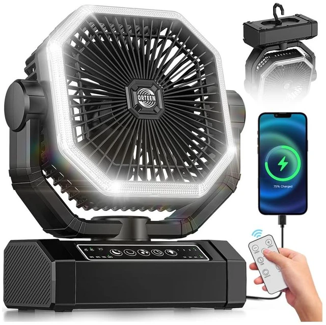 Main image of Portable Rechargeable Fan - 9-Inch Camping Fan for Tent, 20000mAh(60Hrs) Battery Operated Fan for Camping, Auto Oscillation Cordless Fans, Tent Fans with Remote/Light, 4 Speeds, 4 Timing, Outdoor