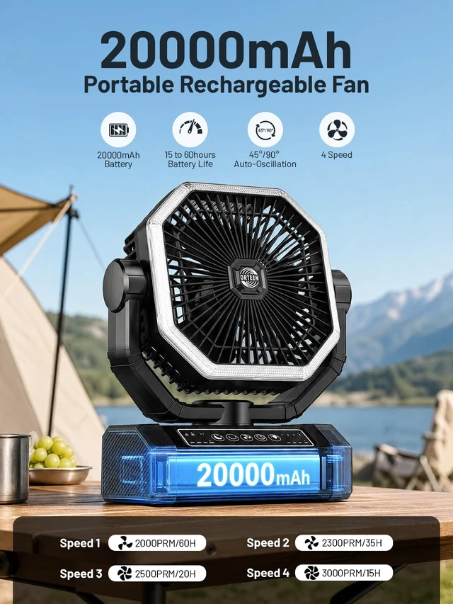 Alt view image 2 of 7 - Portable Rechargeable Fan - 9-Inch Camping Fan for Tent, 20000mAh(60Hrs) Battery Operated Fan for Camping, Auto Oscillation Cordless Fans, Tent Fans with Remote/Light, 4 Speeds, 4 Timing, Outdoor