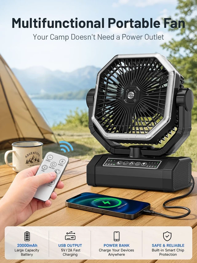 Alt view image 4 of 7 - Portable Rechargeable Fan - 9-Inch Camping Fan for Tent, 20000mAh(60Hrs) Battery Operated Fan for Camping, Auto Oscillation Cordless Fans, Tent Fans with Remote/Light, 4 Speeds, 4 Timing, Outdoor