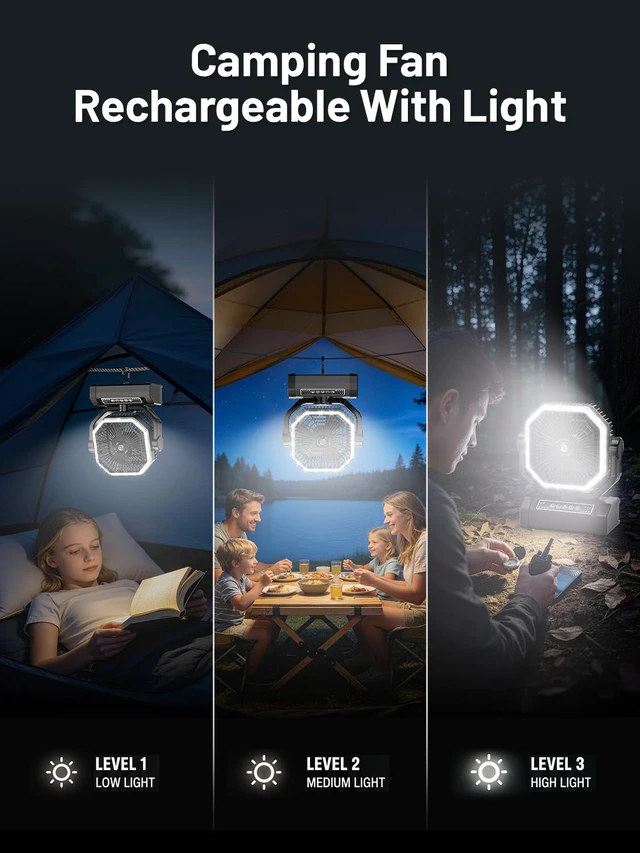 Alt view image 5 of 7 - Portable Rechargeable Fan - 9-Inch Camping Fan for Tent, 20000mAh(60Hrs) Battery Operated Fan for Camping, Auto Oscillation Cordless Fans, Tent Fans with Remote/Light, 4 Speeds, 4 Timing, Outdoor